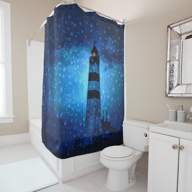 Ocean lighthouse a dark blue night with drops shower curtain (In Situ)