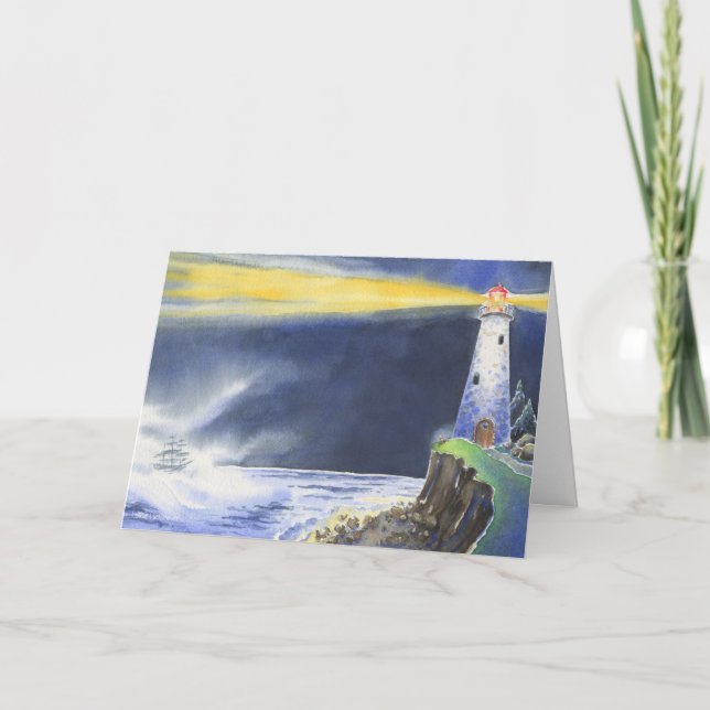 Ocean Lighthouse At Night Folded Greeting Card (Front)