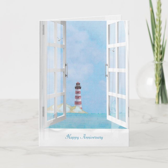 Ocean Lighthouse in window watercolor anniversary Card (Front)