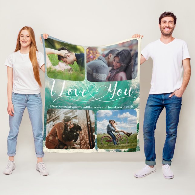 Ocean Love Photo collage Anniversary Valentine Fleece Blanket (In Situ)