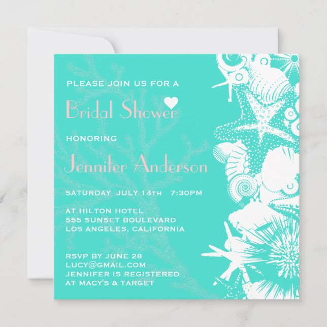Ocean Love Teal Seashells Chic Bridal Shower Invitation (Front)