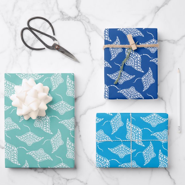 Ocean Manta Rays Polynesian Style Blue White Wrapping Paper Sheet (Front)