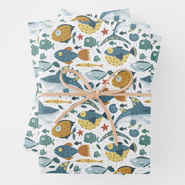 Ocean Marine Sea Shark Fish Children Kid Birthday Wrapping Paper Sheet (In situ)
