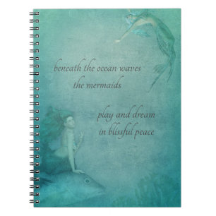 Ocean Mermaid Blue Green Whimsical Vintage Style Notebook