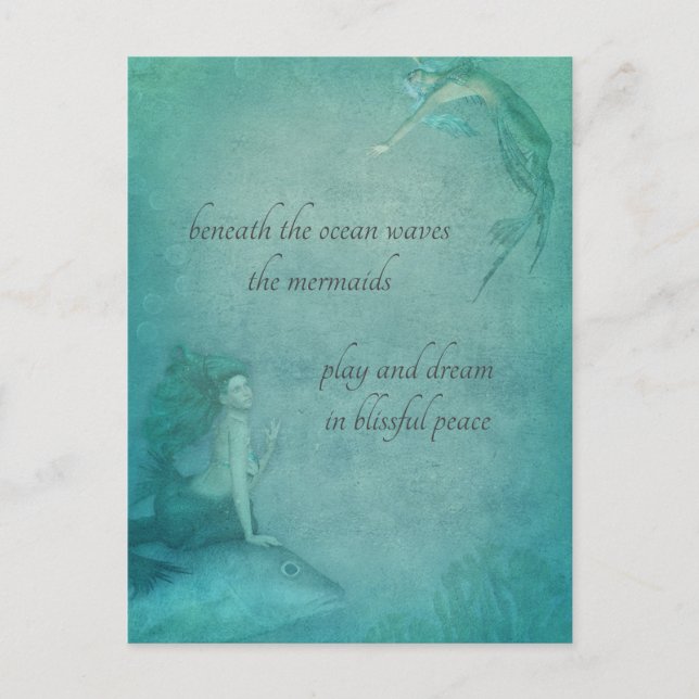 Ocean Mermaid Blue Green Whimsical Vintage Style Postcard (Front)