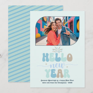 Ocean Mist Hello New Year Blue Retro Photo Holiday Card