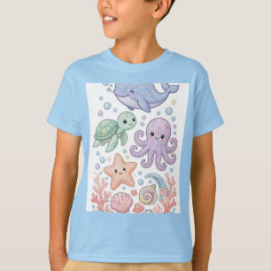 Ocean Mosaic T-Shirt - Cute Whale Turtle Octopus