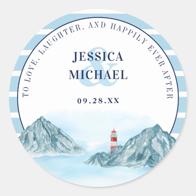 Ocean Mountain Lighthouse Blue Watercolor Wedding Classic Round Sticker (Front)