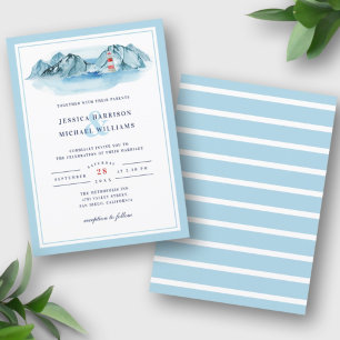 Ocean Mountain Lighthouse Blue Watercolor Wedding Invitation