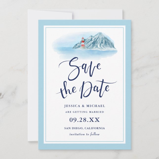 Ocean Mountain Lighthouse Blue Watercolor Wedding Save The Date (Front)