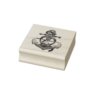 Ocean nautical ship wheel with anchor rubber stamp