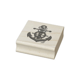 Ocean nautical ship wheel with anchor rubber stamp