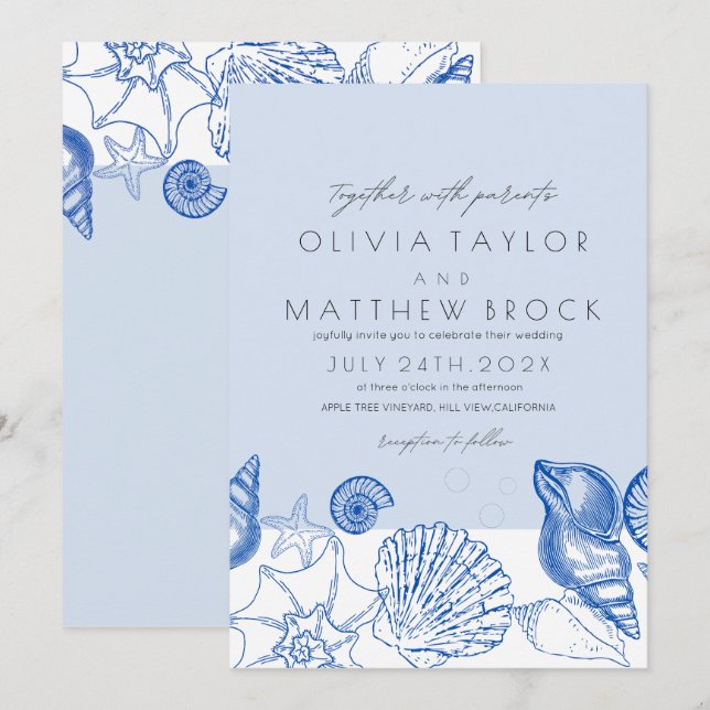 Ocean Navy Blue Shells Modern Wedding Invitation (Front/Back)