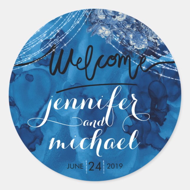 Ocean navy ombre blue welcome classic round sticker (Front)