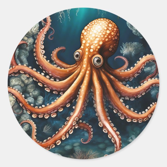 Ocean Octopus Deep Blue Classic Round Sticker (Front)