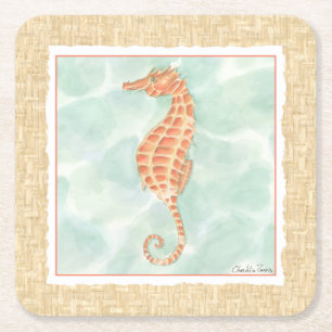 Ocean Orange Seahorse Square Paper Coaster