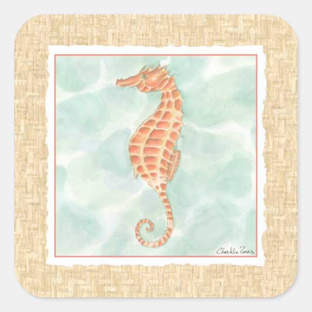 Ocean Orange Seahorse Square Sticker (Front)