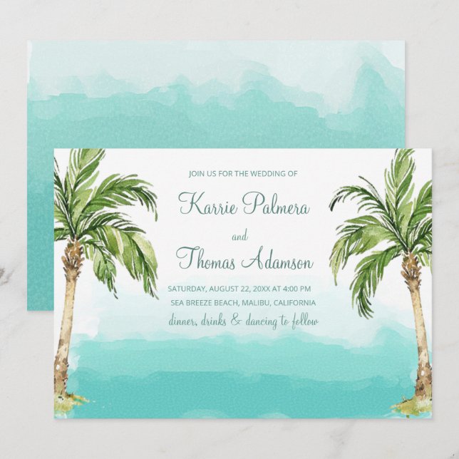Ocean Palms | Watercolor Beach Wedding Invitation (Front/Back)