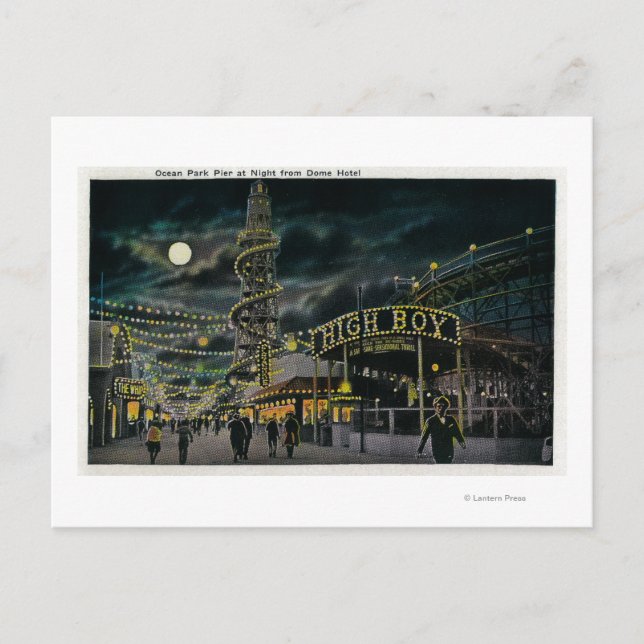 Ocean Park Pier at Night from Dome Hotel Postcard (Front)