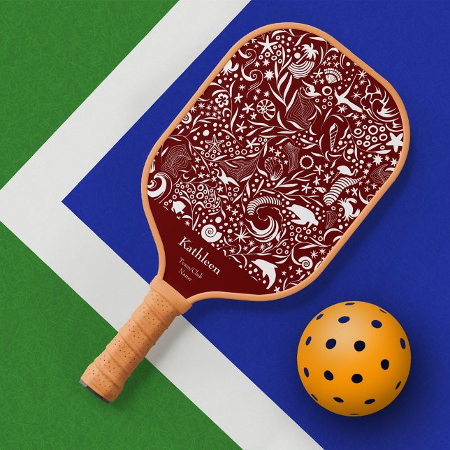 Ocean Pattern Red Monogram Add Your First Name Pickleball Paddle (Creator Uploaded)