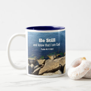 Ocean Photo Christian Faith Bible Verse Dark Blue Two-Tone Coffee Mug