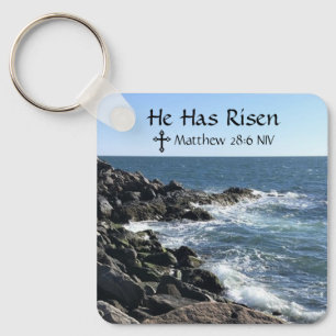 Ocean Photo He Has Risen Bible Verse Blue Easter Key Ring