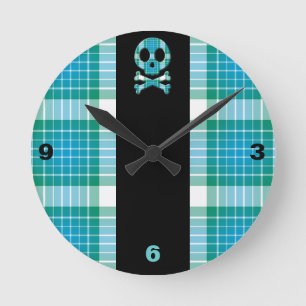 Ocean Plaid Skull Round Clock