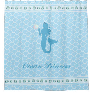 Ocean Princess Mermaid on Turquoise Wavy Shower Curtain