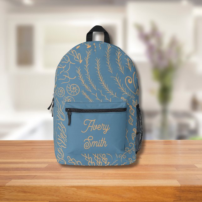 Ocean Print Backpack – Hand-Drawn Waves & Coral  (Dark Blue Ocean Scene backpack)