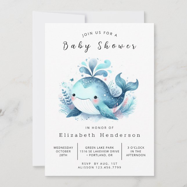 Ocean Printable Whale Baby Shower Invitation (Front)
