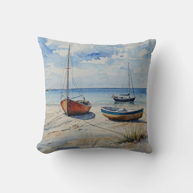 "Ocean Retreat". A Colourful Serene Boat Seascape Cushion (Front)