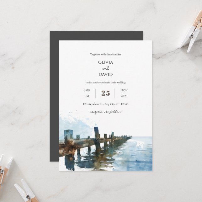 Ocean Rustic Wooden Pier Watercolor Beach Wedding  Invitation (Front/Back In Situ)