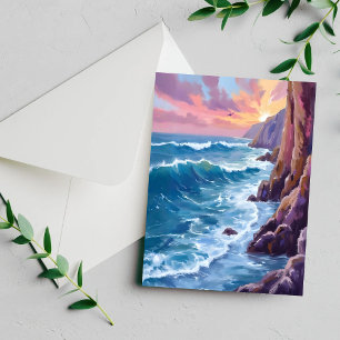 Ocean’s Breath   Rocky Sea Sunset Watercolor Card