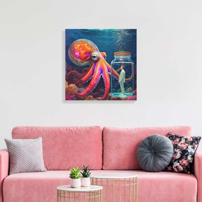 "Ocean’s Silent Captive" – Octopus Portrait Canvas Print (Insitu(LivingRoom))