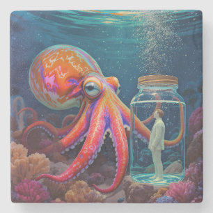 "Ocean’s Silent Captive" – Octopus Portrait Stone Coaster