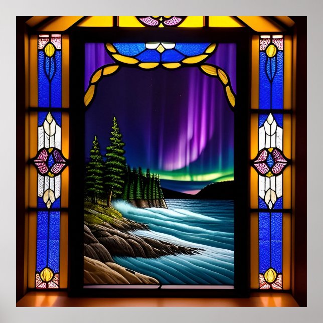 Ocean Scene and Colourful Aurora Display Poster (Front)