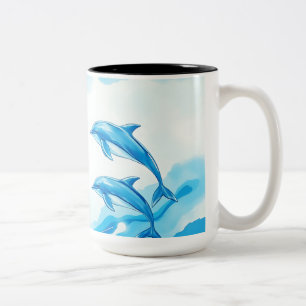 Ocean Scene with Dolphins in Watercolor Two-Tone Coffee Mug