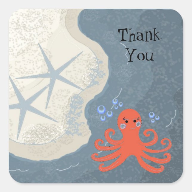 Ocean Scene with Octopus Thank You Square Sticker (Front)