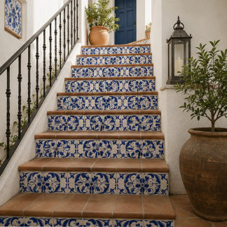 Ocean Scroll Hand Painted Blue Floral Watercolor Tile
