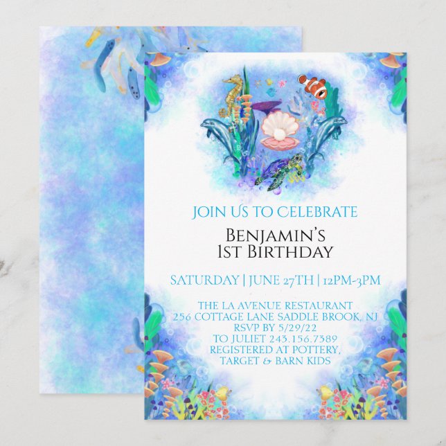 Ocean Sea Animals 1st Birthday  Invitation (Front/Back)