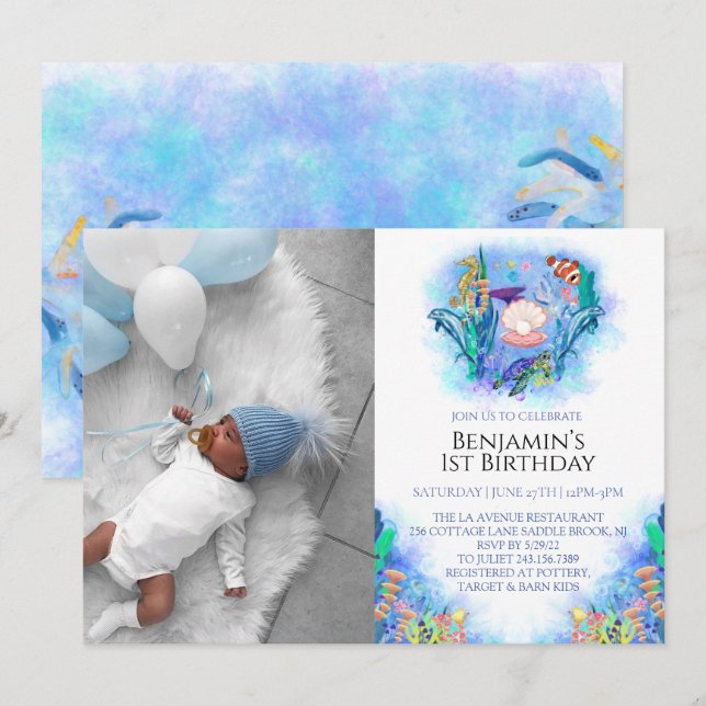 Ocean Sea Animals 1st Birthday  Invitation (Front/Back)