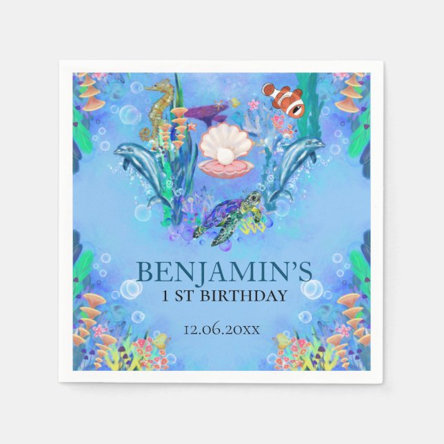 Ocean Sea Animals Wild One Birthday party Napkin (Front)