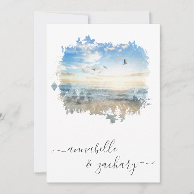 *~* Ocean Sea Artistic RSVP - Beach QR AR7 Wedding Invitation (Front)