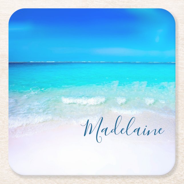  Ocean Sea Beach Blue Aqua Coastal Personal Square Paper Coaster (Front)