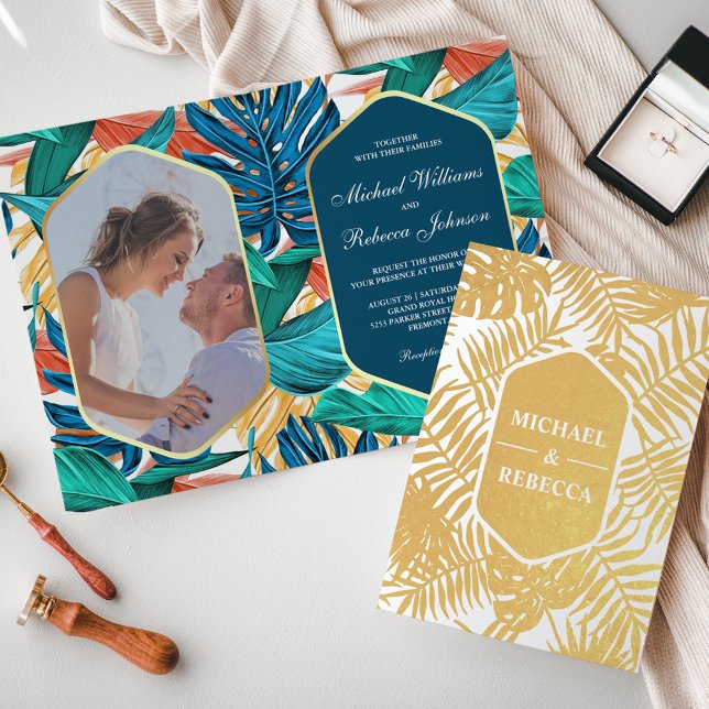 Ocean Sea Blue Gold Foil Tropical Wedding Invite (Creator Uploaded)