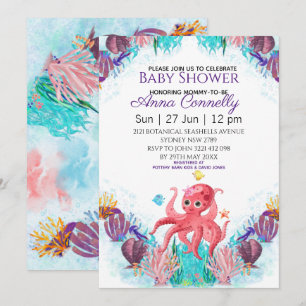 Ocean Sea Colourful Pink Octopus Baby Shower Invitation