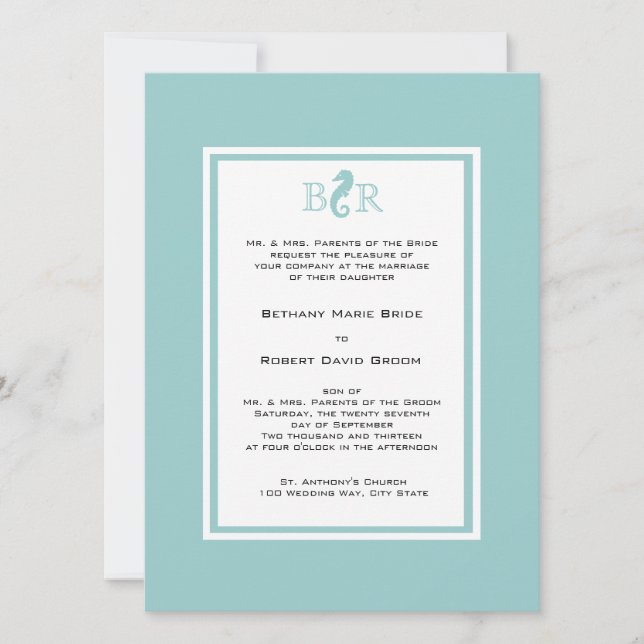Ocean Sea horse Monogram Wedding Invitation (Front)