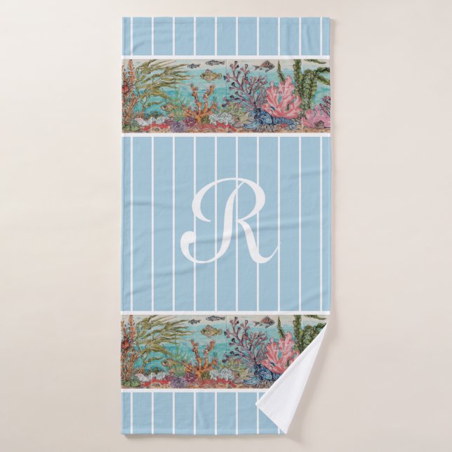 Ocean Sea Life Fish Blue Monogram Beach House   Bath Towel (Bath Towel)