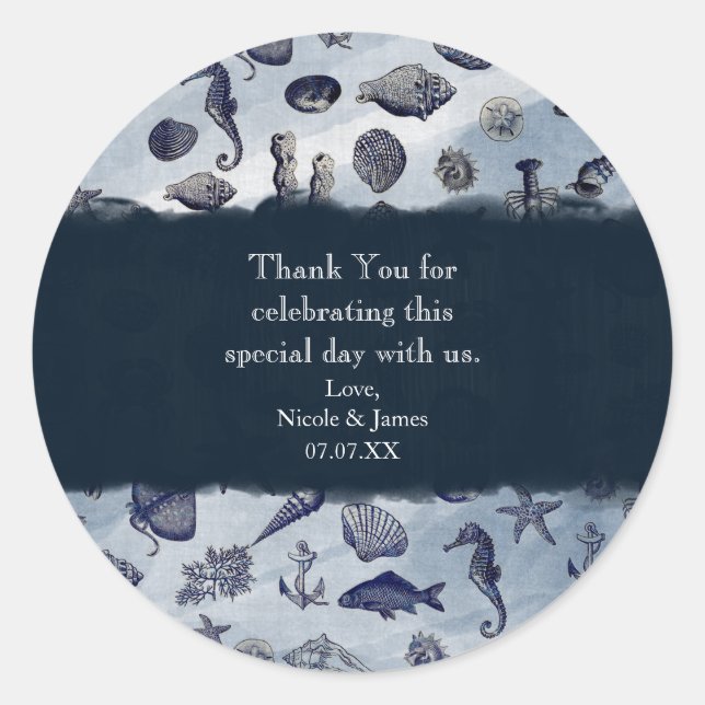 Ocean Sea Life Nautical Seashells Beach Wedding Classic Round Sticker (Front)