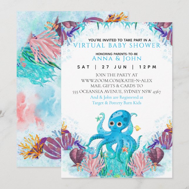 Ocean Sea Octopus colourful Virtual Baby Shower  I Invitation (Front/Back)
